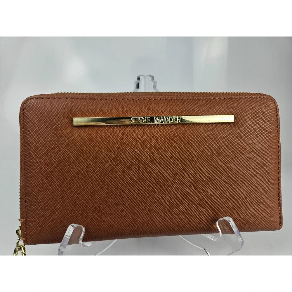 Steve Madden‎ Zip Around Wristlet Wallet Cognac Brown Saffiano Gold Hardware